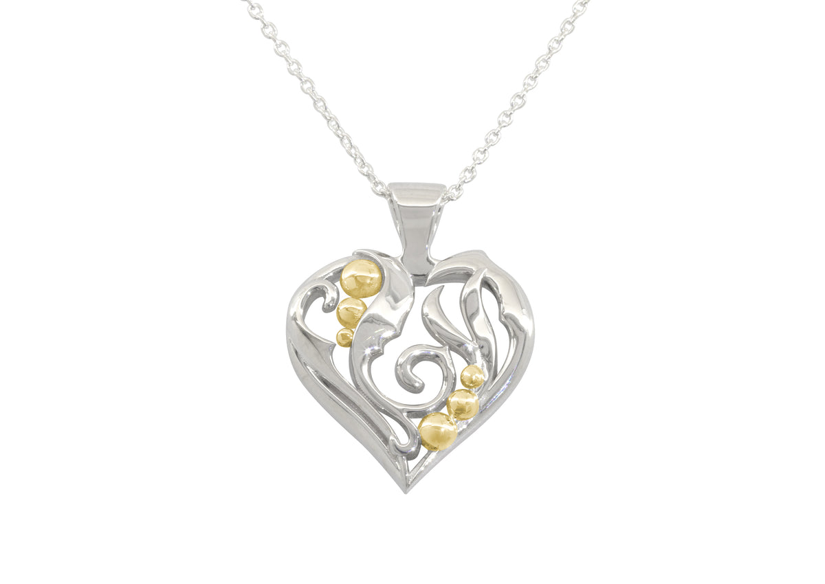 Elvish Heart Pendant, Sterling Silver with Yellow Gold Droplets