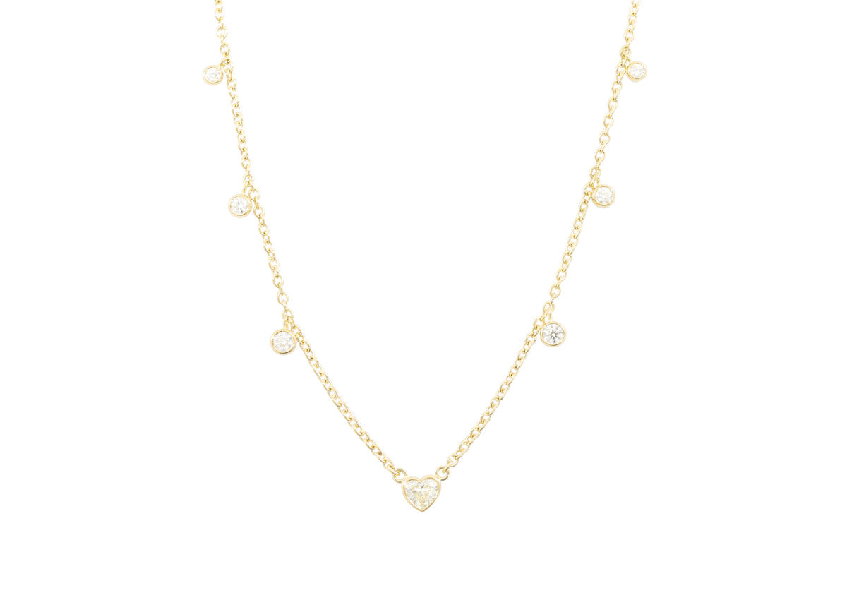 Station Necklace with Heart and Round Diamonds, 18ct Yellow Gold, J3070