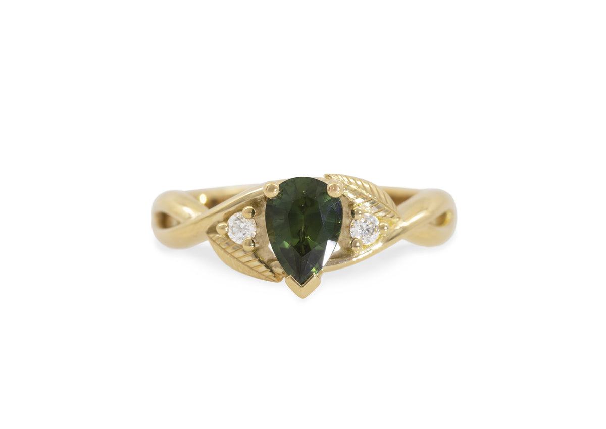 Green Sapphire Engagement Ring, Yellow Gold
