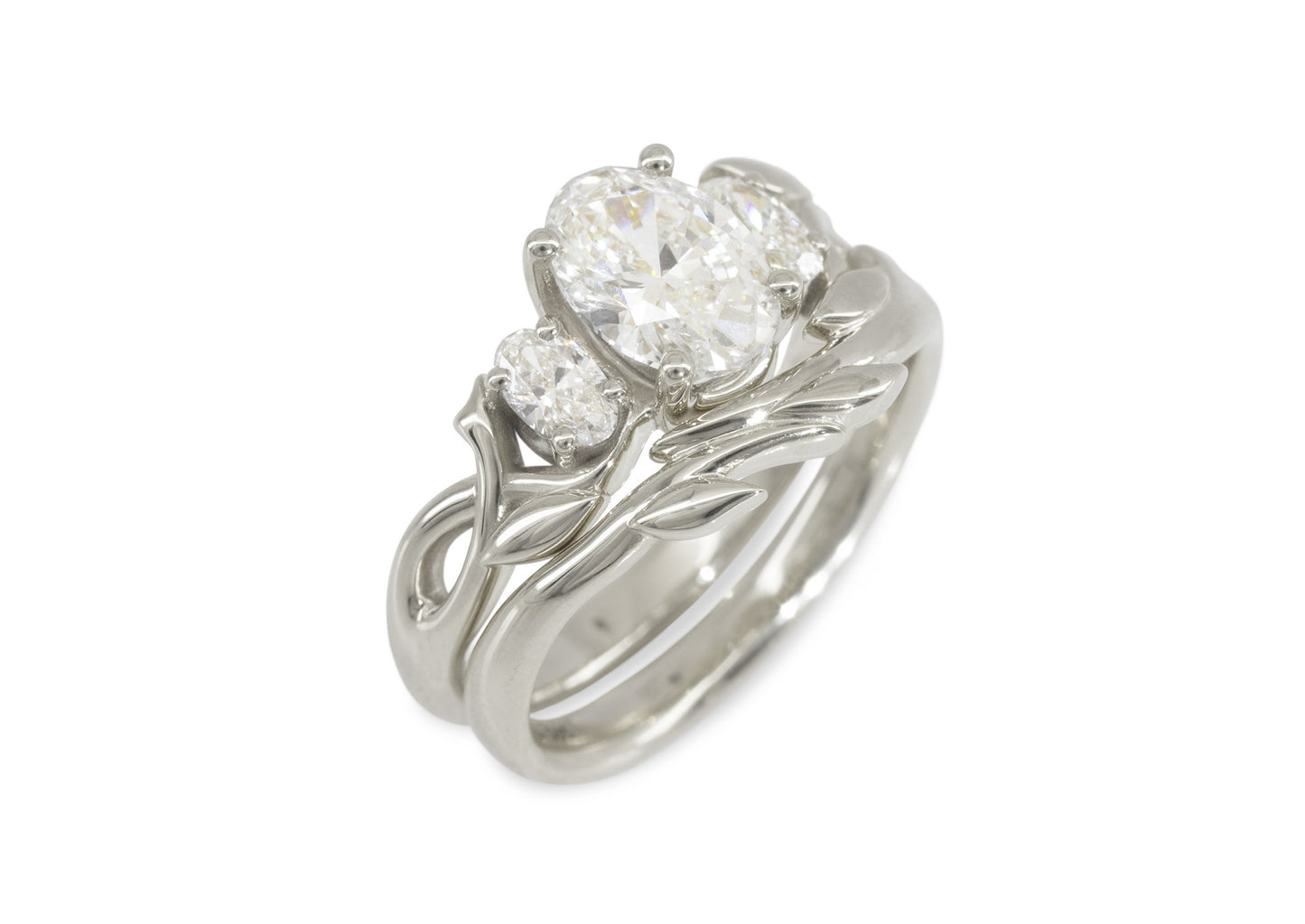 J3344 2-carat Oval Three-Stone Vine Engagement Ring, White Gold & Platinum
