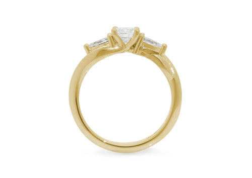 Three-Stone Round & Pear Diamond Elvish Vine Engagement Ring, Yellow Gold
