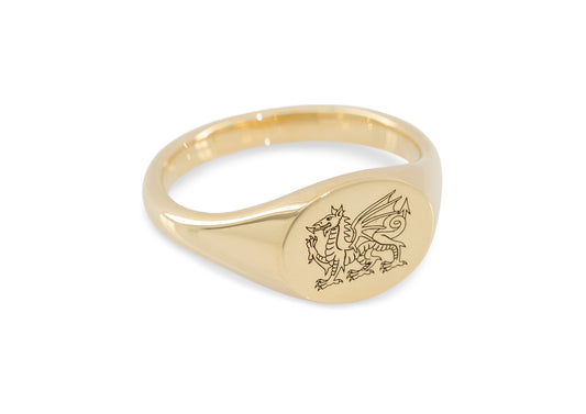 JW671 Welsh Dragon Engraved Signet Ring, Yellow Gold