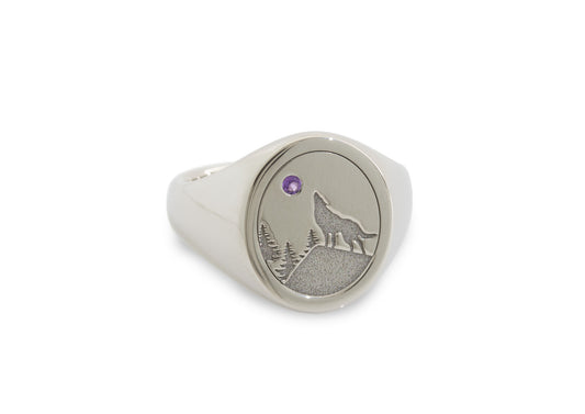 Custom Engraved Amethyst Signet Ring, Platinum