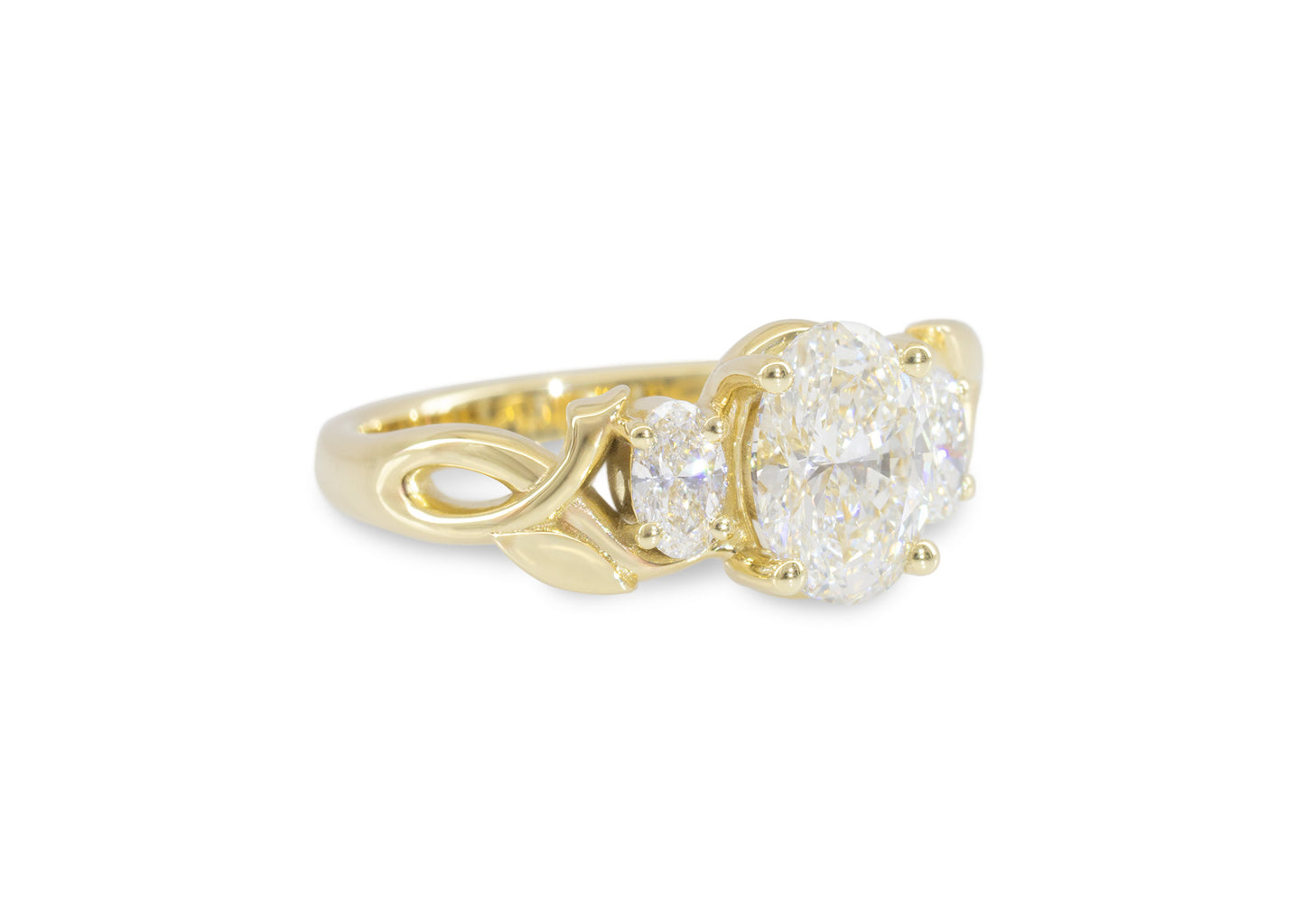 J3344 2-carat Oval Three-Stone Vine Engagement Ring, Yellow Gold