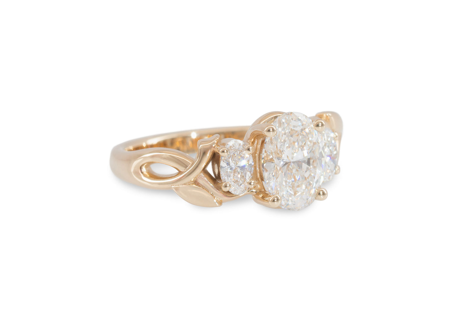 J3344 2-carat Oval Three-Stone Vine Engagement Ring, Red Gold