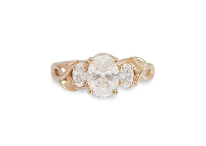 J3344 2-carat Oval Three-Stone Vine Engagement Ring, Red Gold