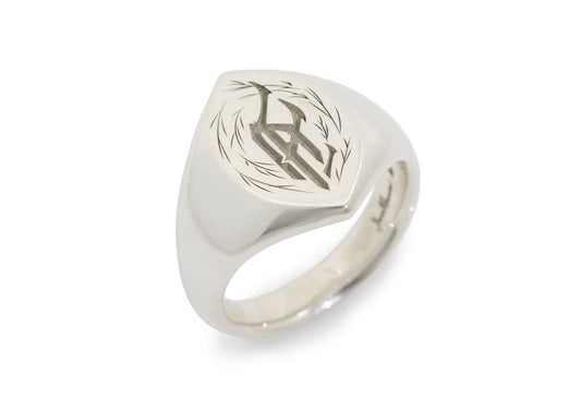 Rune Engraved Navette Signet Ring, Sterling Silver