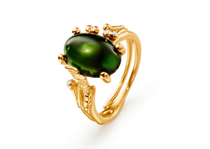BoHo Ring Small with Green Tourmaline & Diamonds, Yellow Gold