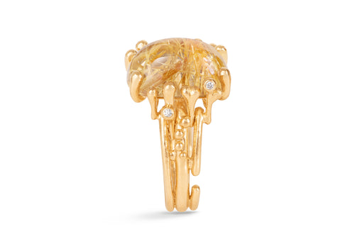 BoHo Ring Medium with Golden Rutile Quartz & Diamonds, Yellow Gold