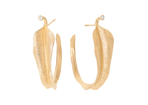 Leaves Creole Small Earrings with Diamonds, Yellow Gold