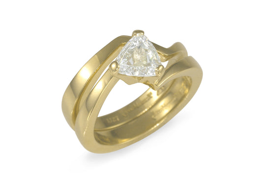 Trillion cut Diamond Ring with Matching Band, Yellow Gold