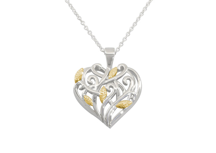 Elvish Heart Pendant, Sterling Silver with Yellow Gold Leaves