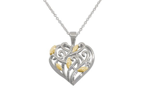 Elvish Heart Pendant, White Gold with Yellow Gold Leaves