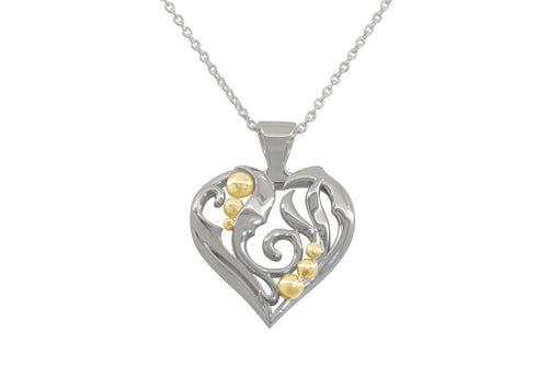 Elvish Heart Pendant, White Gold with Yellow Gold Droplets