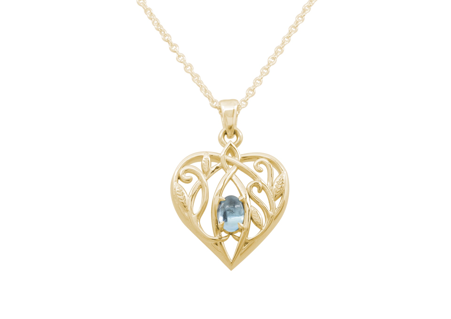 Elvish Gemstone Heart Pendant with Leaves, Yellow Gold