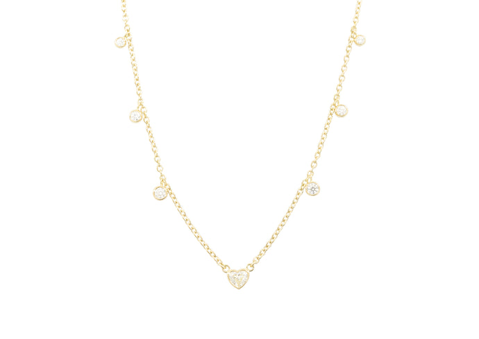 Station Necklace with Heart and Round Diamonds, 18ct Yellow Gold, J3070