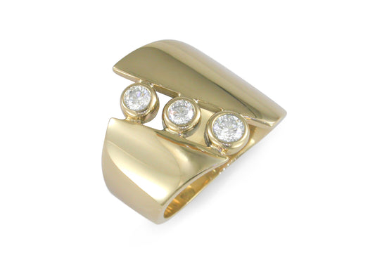 Asymmetric Three Stone Diamond Ring, Yellow Gold