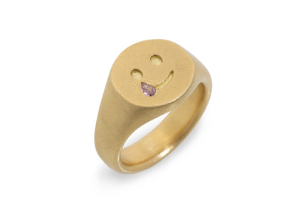 Pink Diamond Emoji Signet Ring, Yellow Gold