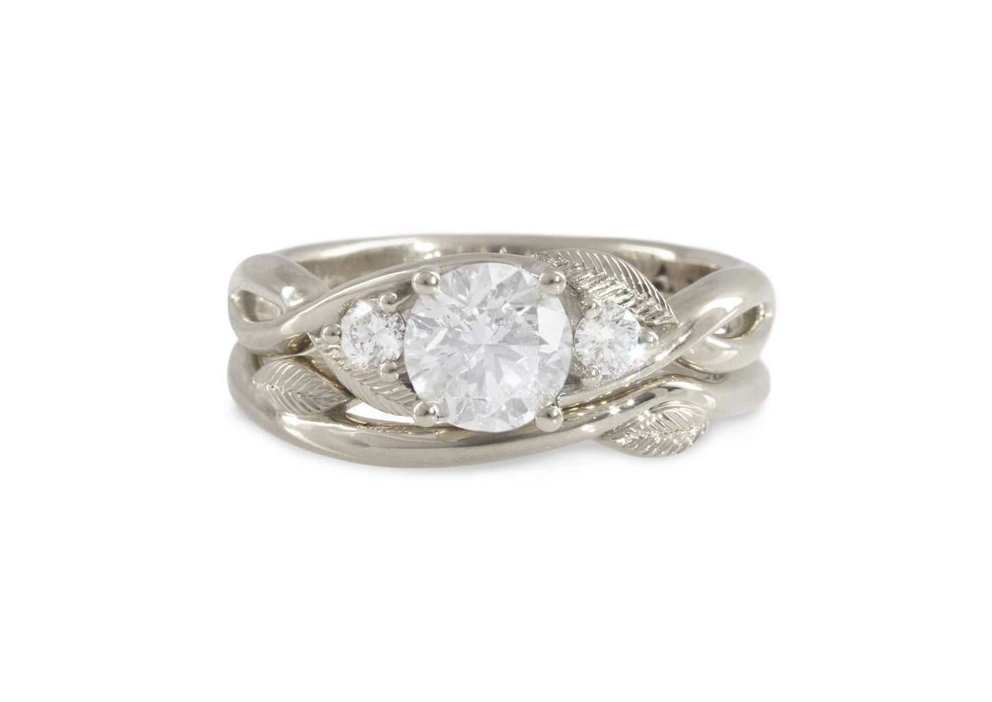 Three-Stone Round Diamond Elvish Vine Engagement Ring, White Gold & Platinum