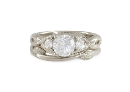 Three-Stone Round Diamond Elvish Vine Engagement Ring, White Gold & Platinum