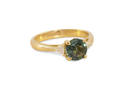 J3047 Teal Saphire & Diamond Ring , Yellow Gold