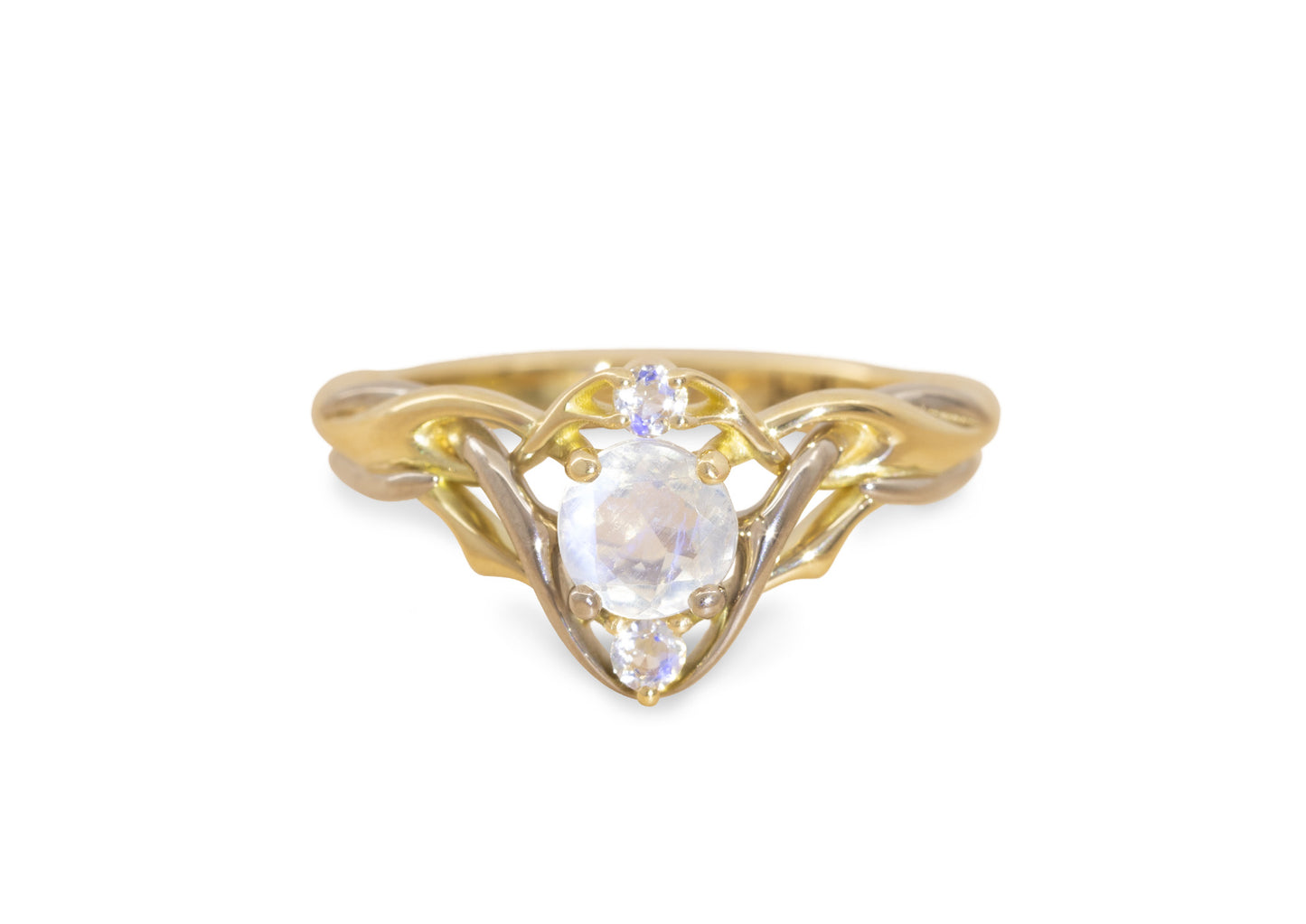 Rainbow Moonstone Elvish Engagement Ring, Yellow & White Gold