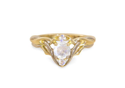 Rainbow Moonstone Elvish Engagement Ring, Yellow & White Gold