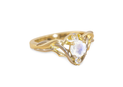 Rainbow Moonstone Elvish Engagement Ring, Yellow & White Gold
