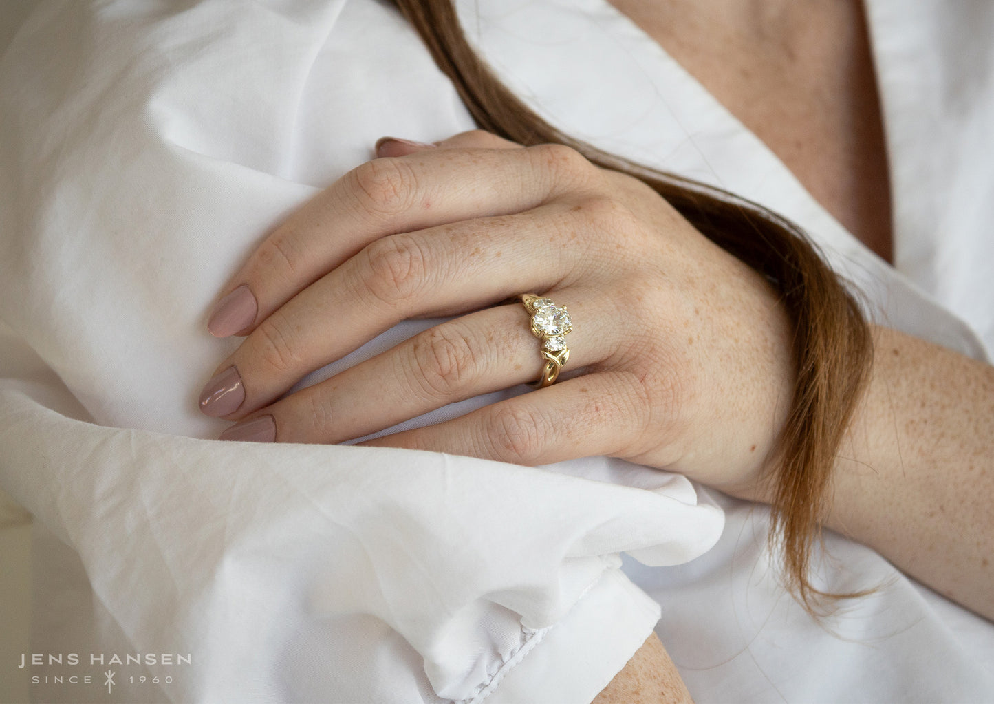 J3344 2-carat Oval Three-Stone Vine Engagement Ring, Yellow Gold