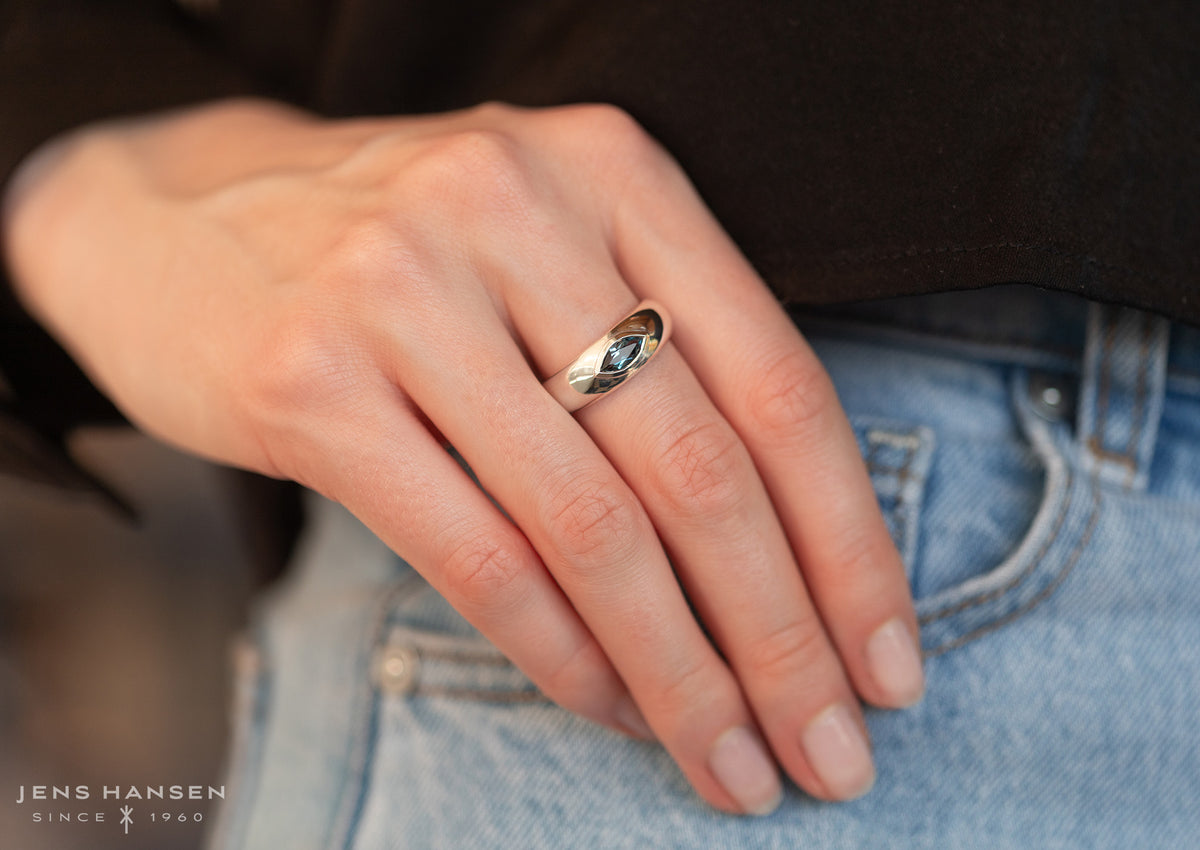 JW174 Geometric Rubover Ring with Marquise Gemstone, Sterling Silver.