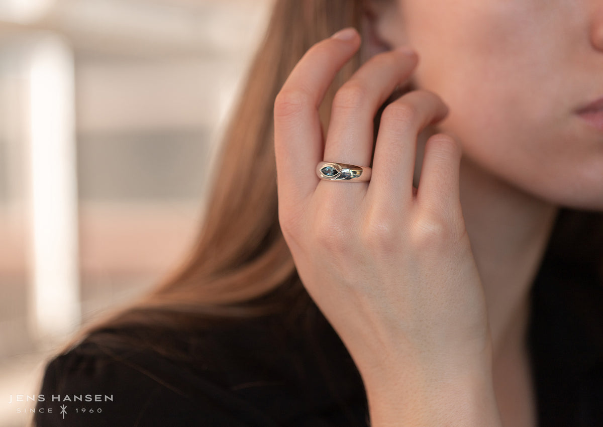 JW174 Geometric Rubover Ring with Marquise Gemstone, Sterling Silver.