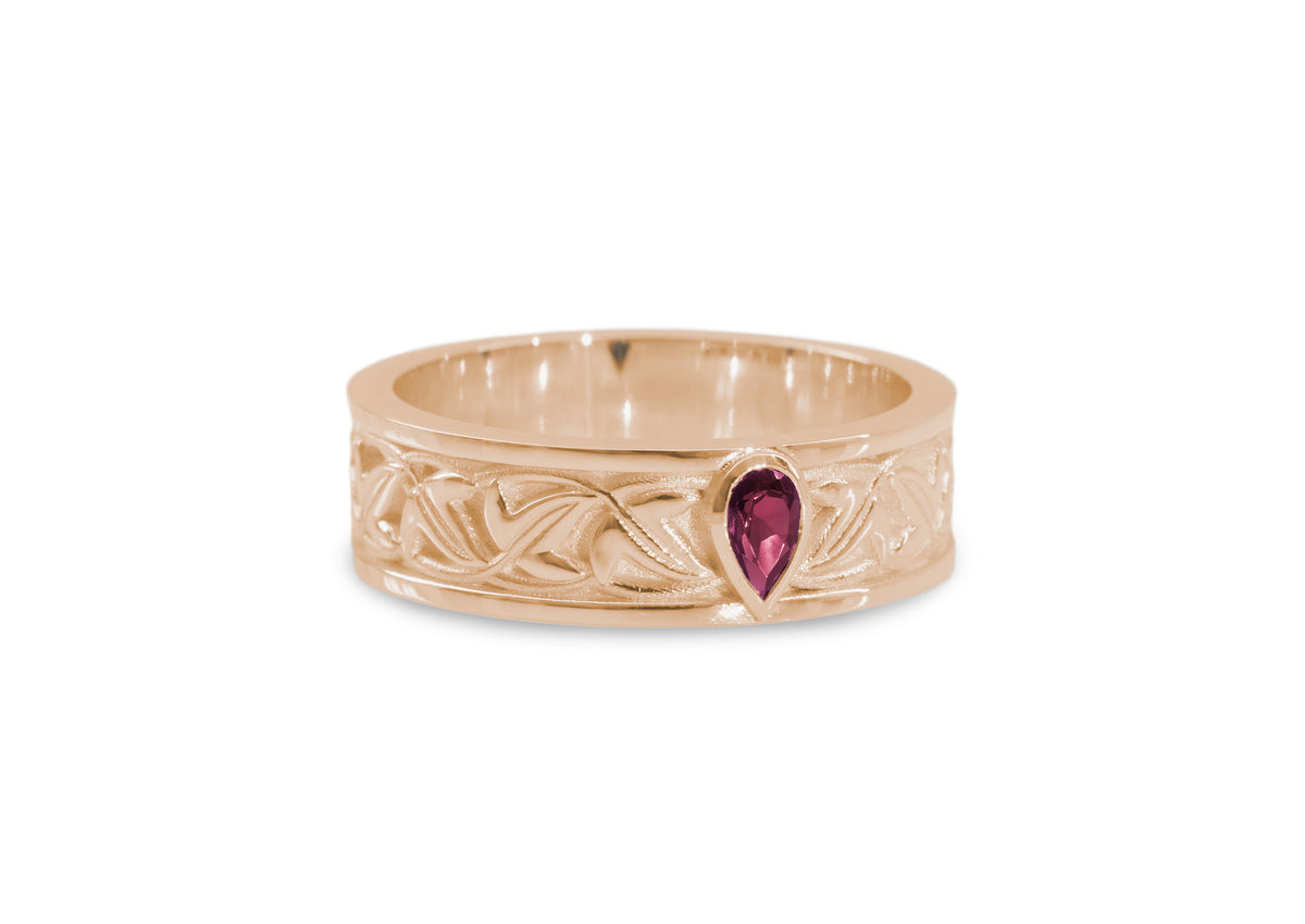 Elvish Leaf Gemstone Ring, Red Gold