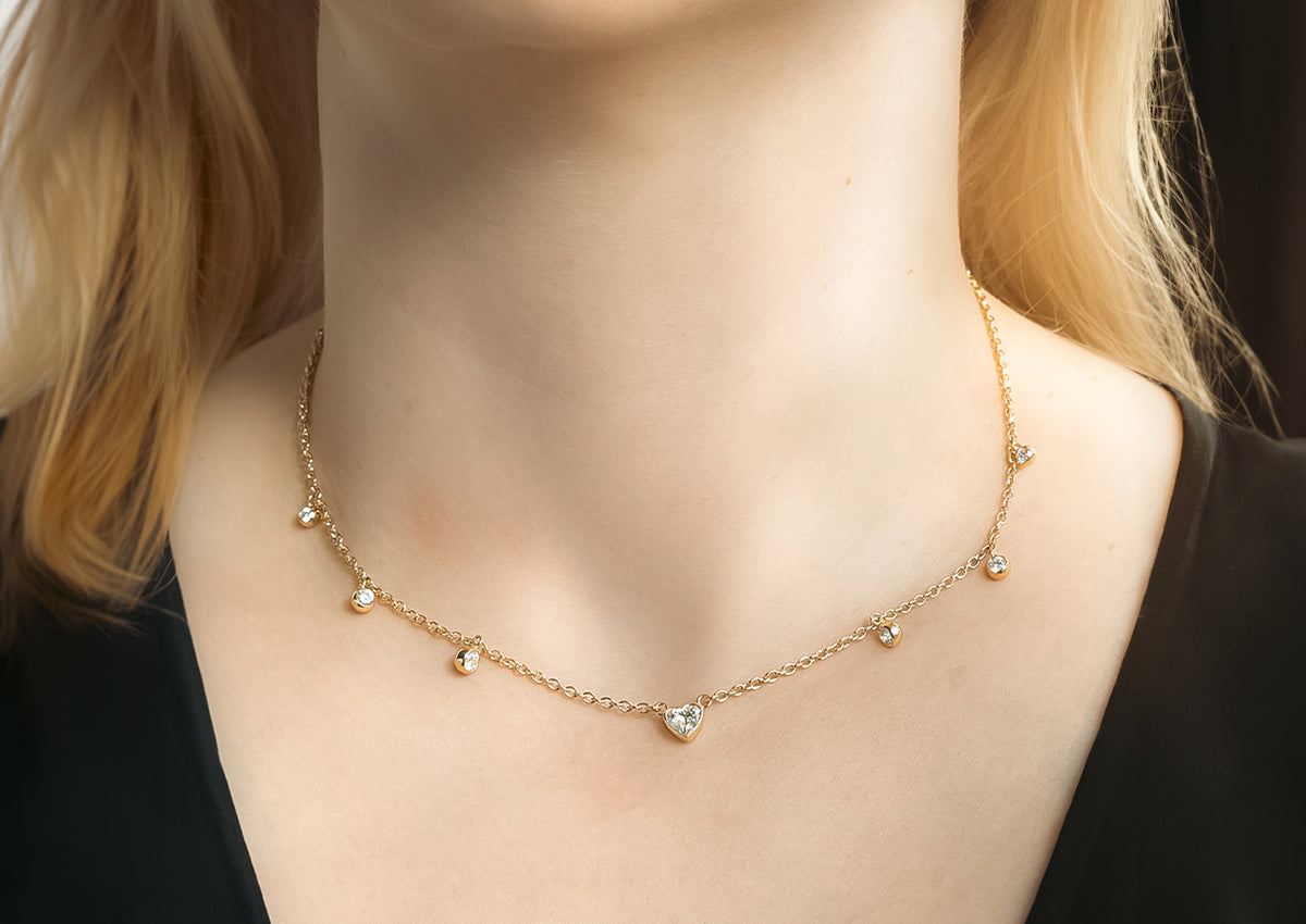 Station Necklace with Heart and Round Diamonds, 18ct Yellow Gold, J3070