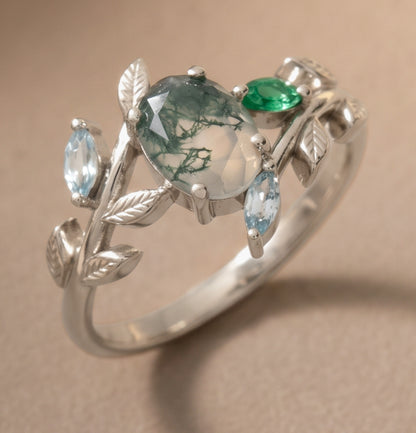 gallery-cover | Moss Agate Vine Ring, White Gold