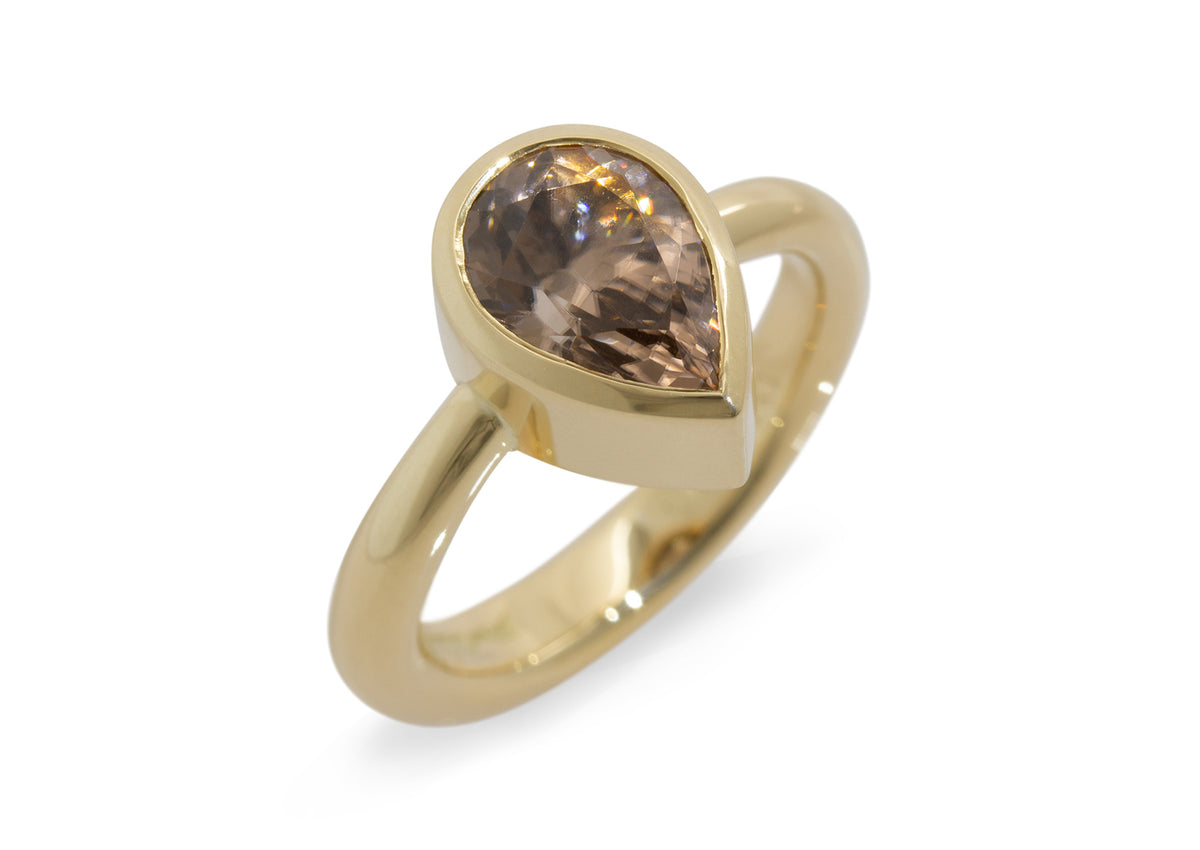 Pear Shaped Cognac Zircon Ring, Yellow Gold