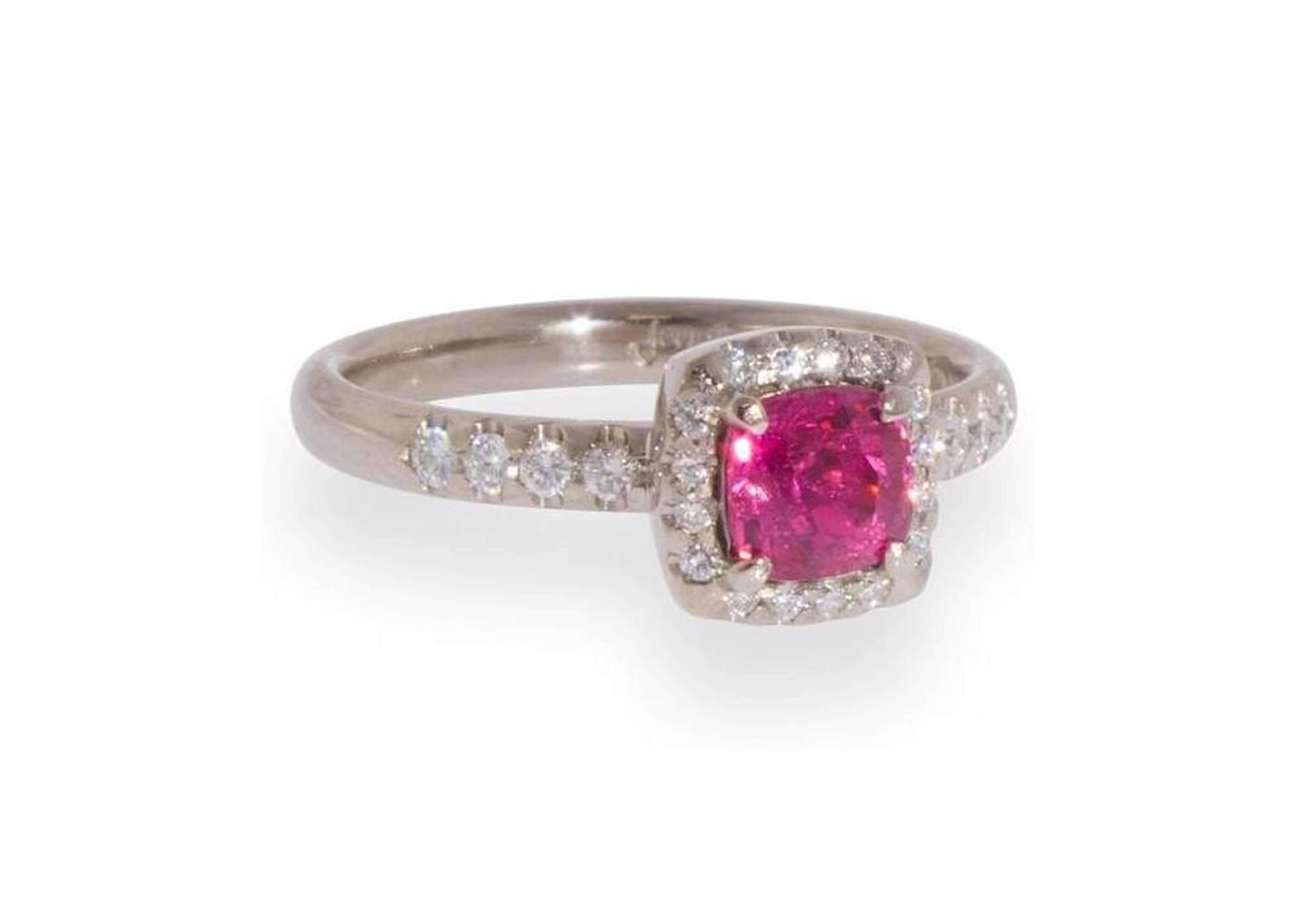 Custom Electric Pink Spinel & Diamond Halo Ring, White Gold