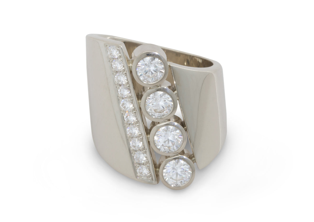 Custom Diamond Asymmetric Wide Ring, White Gold