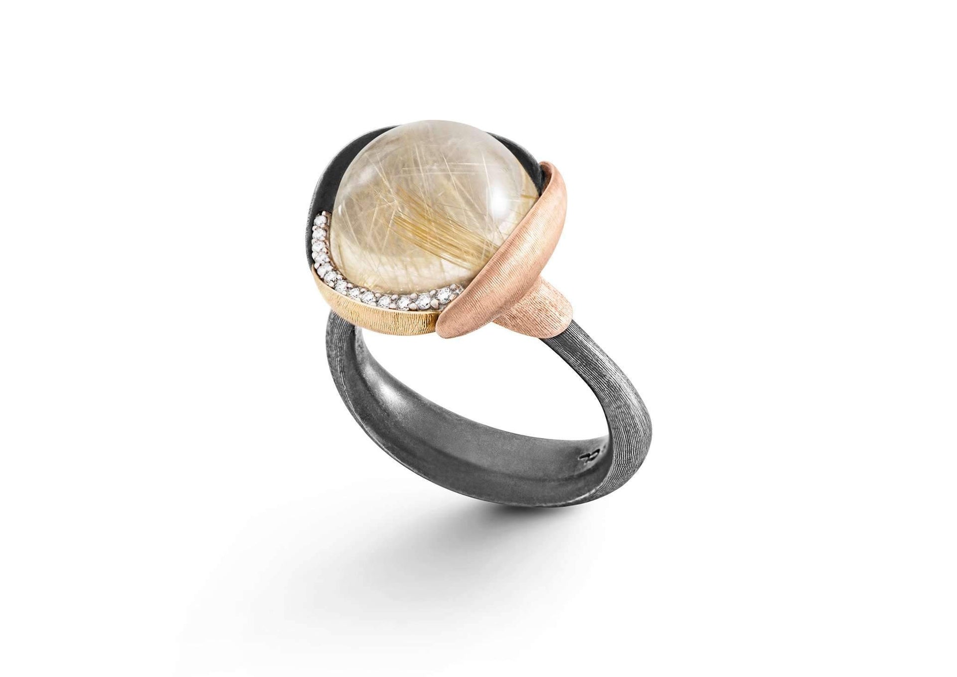 Lotus Ring in Gold and Silver with Rutile Quartz and Diamonds