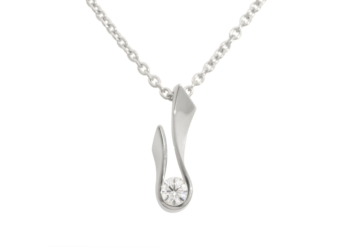 Flame Pendant with Round Diamond, White Gold & Platinum