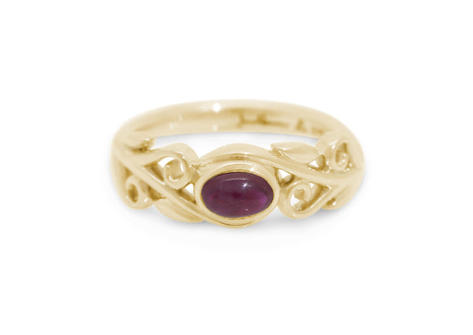 Cabochon Precious Gemstone Elvish Vine Ring, Yellow Gold