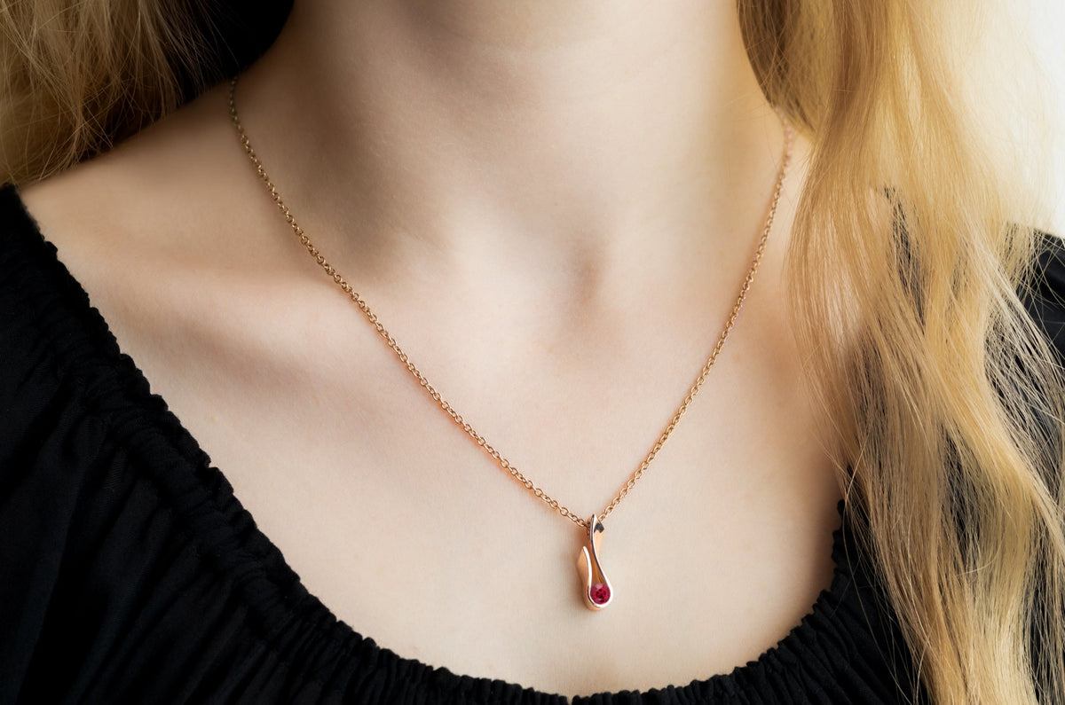 Flame Pendant with Precious Round Gemstone, Red Gold