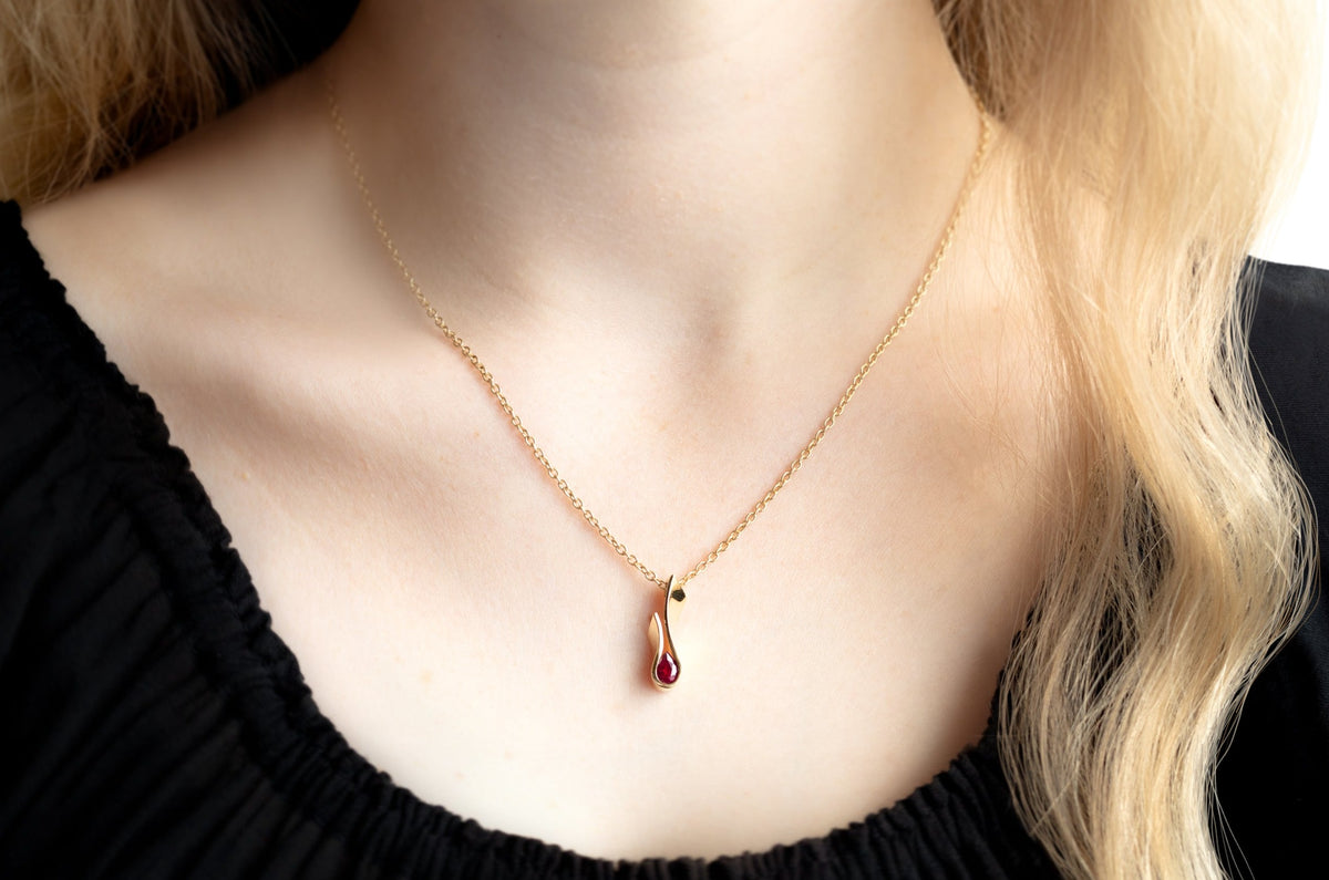 Flame Pendant with Precious Pear Gemstone, Yellow Gold