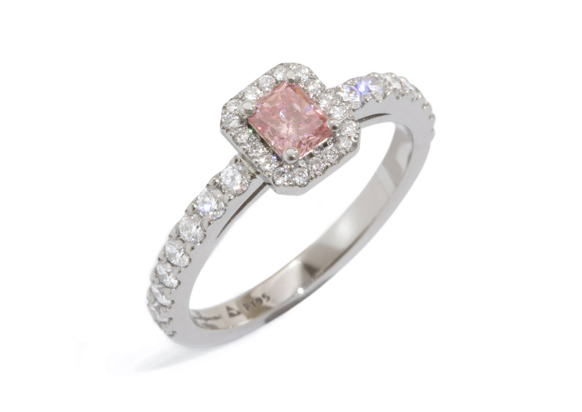 Custom Pink Diamond Halo Engagement Ring, Platinum
