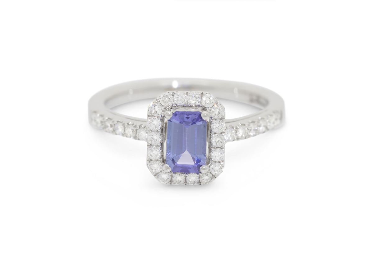 Tanzanite Diamond Halo Engagement Ring, White Gold & Platinum