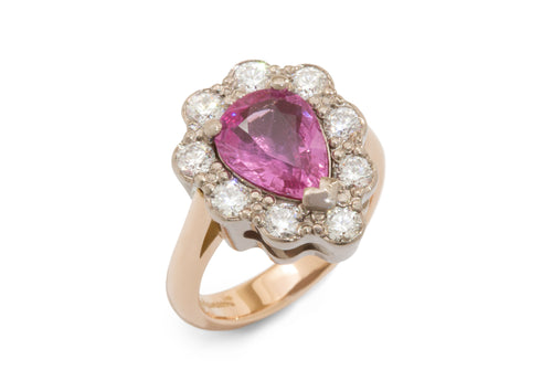 Custom Pink Sapphire & Diamond Halo Ring, Red & White Gold