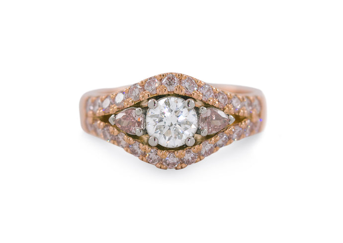 Custom Pink & White Diamond Ring, Red Gold & Platinum