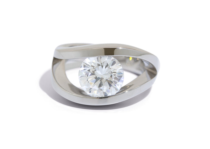 Custom Double Wave Tension Set Moissanite Ring, Platinum