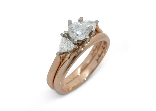 Custom Three Stone Diamond Engagement Ring, Red Gold & Platinum