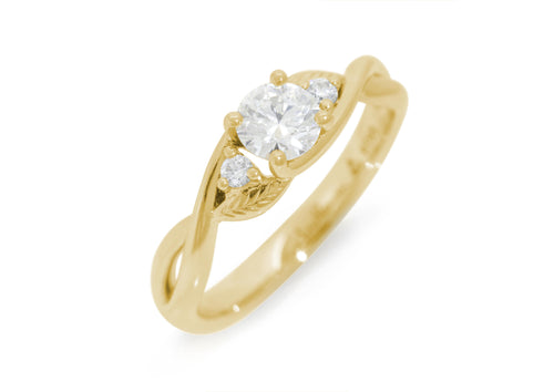 Three-Stone Round Diamond Elvish Vine Engagement Ring, Yellow Gold