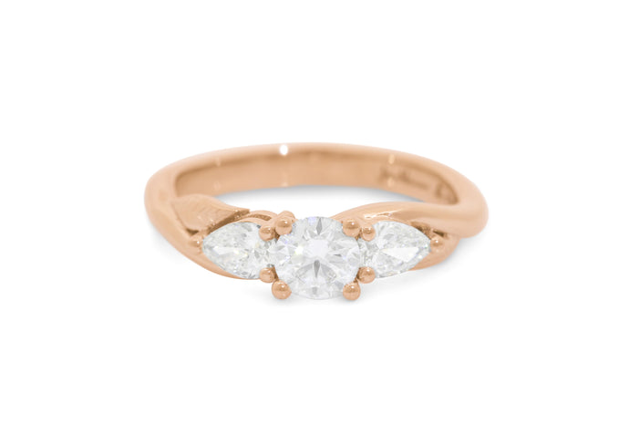 Three-Stone Round & Pear Diamond Elvish Vine Engagement Ring, Red Gold